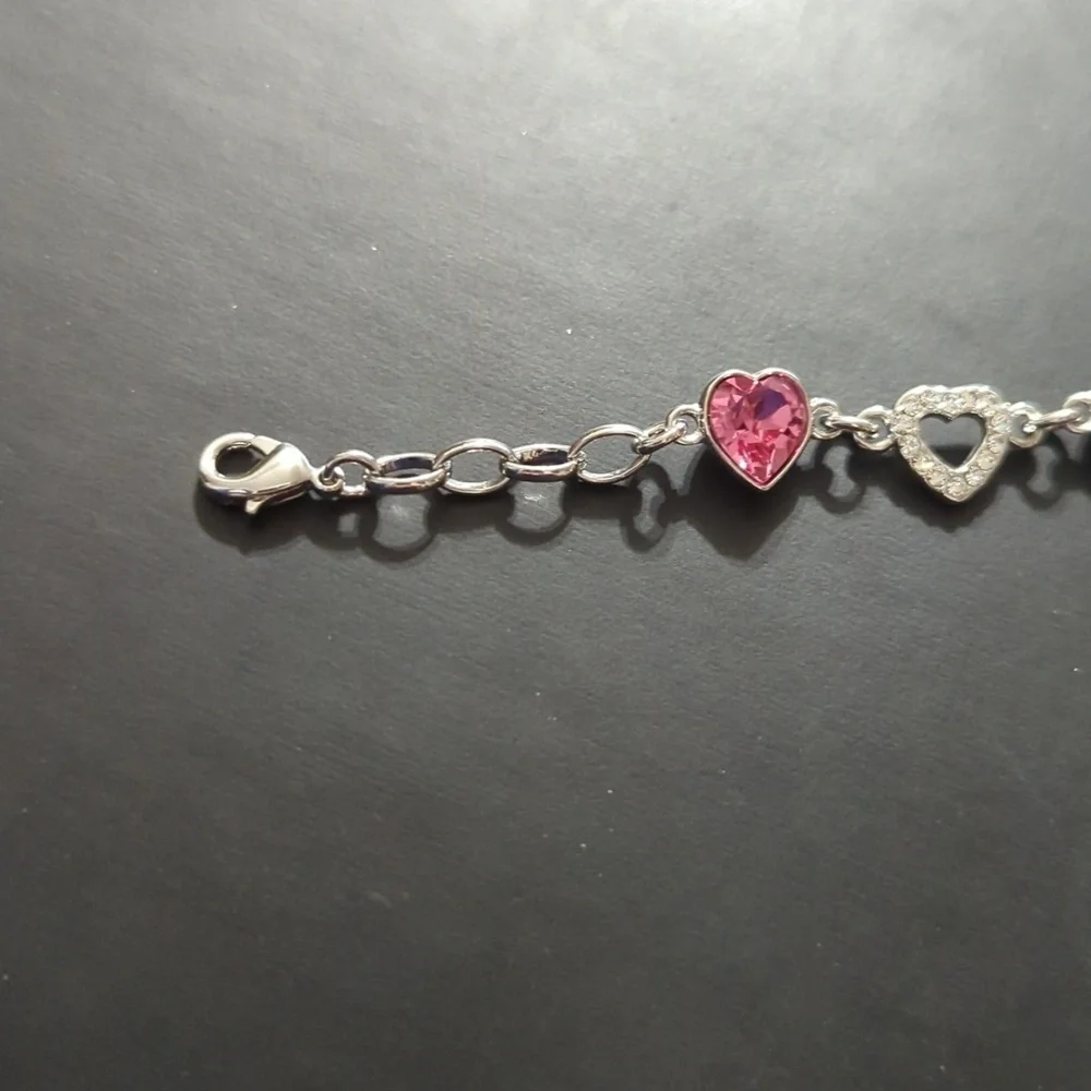 Silver Tone Pink and Clear Rhinestone Heart Shape Statement Bracelet